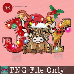 Joy Christmas Highland Cow Png, Lindo diseño Chibi, Navidad Png, Vaca de Navidad Png, Luz de Navidad Png, Kawaii Cow Png, Descargar digital
