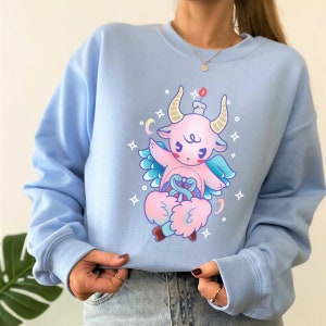 Cute As Hell Baphomet, Pentagram Goat, Kawaii Goat Shirt, Pastel Goth Shirt, Punk Rock Harajuku Pentagram Heavy Blend Crewneck Sweatshirt