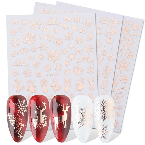 Merry Christmas 3D Reindeer Deer Horn Santa Snowflake rose gold Self-Adhesive 3D Nail Art Sticker