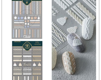 Knit Sweater Nail Art Stickers Self Decals/ Fall Winter 3D Embossed Textured Sweaters Beanie Peel off Nails Sticker