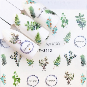 Nail Art Water Decals Stickers watercolor Transfers Summer  Flowers Petals Floral Fern Eucalyptus