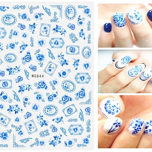 Delft Blue waterslide nail decals / nail decals / nail art / boho nails / festival / something blue wedding / floral nail decals