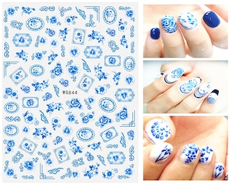 Delft Blue waterslide nail decals / nail decals / nail art / boho nails / festival / something blue wedding / floral nail decals