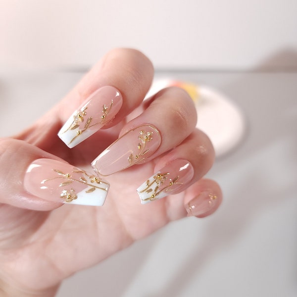 Blush Pink Coffin Press-On Nails with 3D Gold Floral Accents - Sculpted Mid-Stiletto Nail Art, Trendy Luxury Manicure,