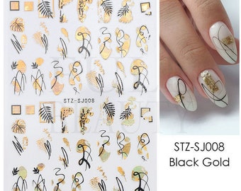 Rose gold Silhouettes Flowers Abstract Art with Laser Gold Nail Stickers, Nail Art, Nail Decals