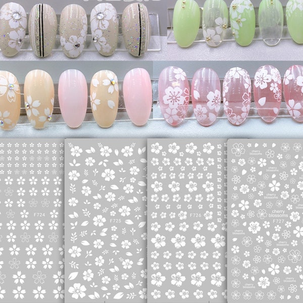 Nail decals sticker White  Sakura Cherry Blossom Japanese Cherry Flowers Leaf 3D Self-Adhesive translucent Nail Sticker