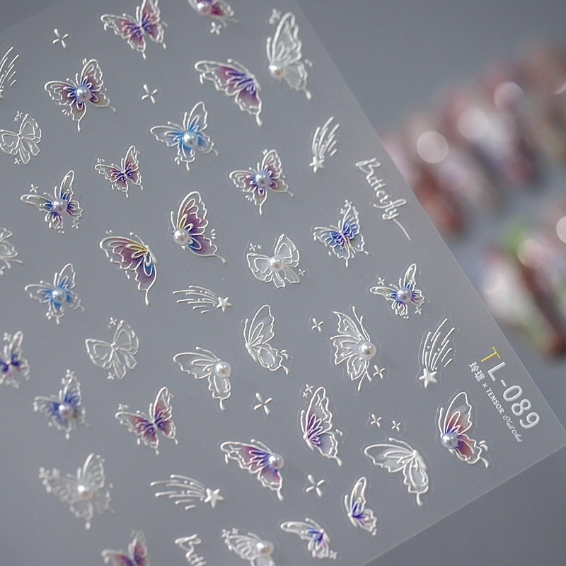 Nail Art Decals|Embossed Nail Sticker white butterfly pearl | Nail Diy  -  5D Self-Adhesive Nail Stickers