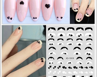 Autocollants pour ongles français, décalcomanies classiques, pointes françaises, cœurs, noir et blanc, autocollants auto-adhésifs pour Nail Art