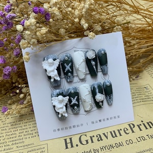 Press on Nails|Medium Coffin|dark green Stereo relief Angel camellia|False Nails gift for her|matte nails|y2k stick on nails|hand painted