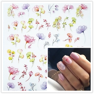 Nail Art Decals Stickers  Spring Summer  Pastel Flowers Leaf Fern Floral Petals ultra thin translucent Self-Adhesive