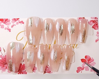 Press on Nails| Medium Coffin|gentle pink with flower | camellia and pearl | False Nails gift for her|Y2K stick nails|shimmer nails