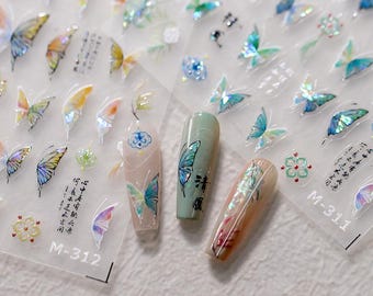 Nail Art Decals|Embossed Nail Sticker green butterfly  shell luster  | Nail Diy  -  5D Self-Adhesive Nail Stickers