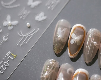 Nail Art Decals|Embossed Nail Sticker white butterfly pearl | Nail Diy  -  5D Self-Adhesive Nail Stickers