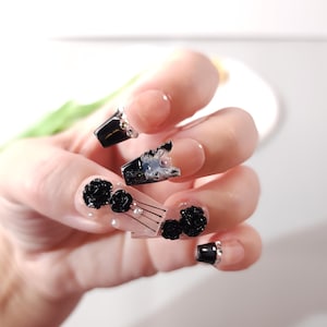 Press on Nails| Medium Coffin| Fench tip black camellia and butterfly |False Nails gift for her|y2k press on nails|hand painted|Birthday