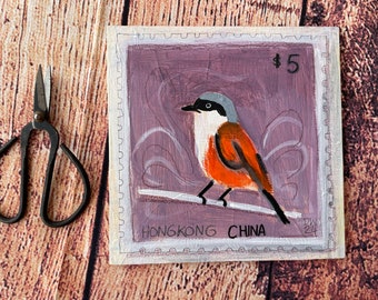 Original Art Postage Stamp Acrylic Art on Wooden Board