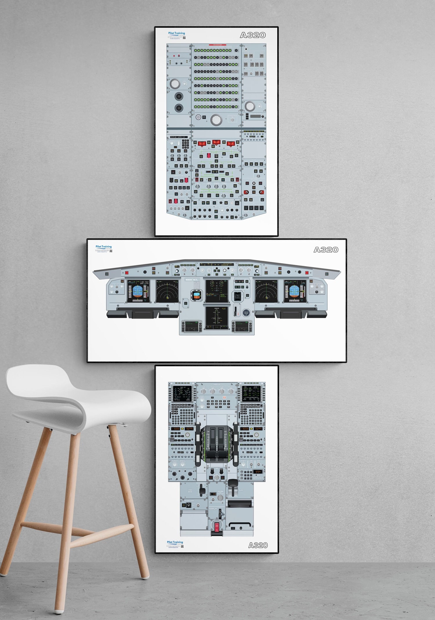 A320 Instrument Airbus A320 Cockpit Training Poster: Overhead, Forward, Pedestal Panels ...