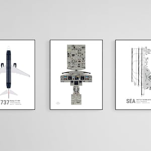 May include: Three framed prints depicting a Boeing 737-800 airplane, a cockpit view, and a diagram of Seattle-Tacoma International Airport (SEA).