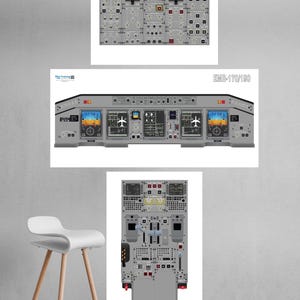 May include: Three framed prints of aircraft cockpit panels. The top and bottom prints display a gray panel with numerous buttons and lights. The middle print shows a more detailed cockpit with screens and gauges. The prints are labeled EMB-170/190.