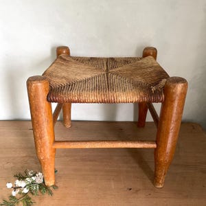 Woven Wood Stool, Primitive Wood Stool, Wood Foot Stool, Rustic Wood Stool, Antique Decor