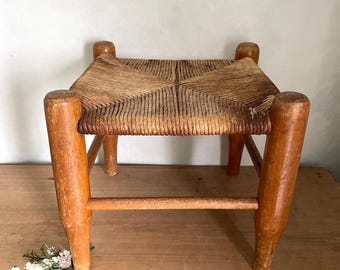 Woven Top Rustic Wood Stool, Primitive Antique Decor