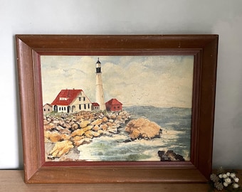 Vintage Lighthouse Seascape Painting, Framed Nautical Art