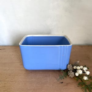 Peut inclure: Un cache-pot rectangulaire en céramique avec une finition bleu pervenche lisse et un bord intérieur blanc. L'extérieur présente trois rainures verticales sur le côté droit, ajoutant une texture subtile au récipient uni et monochrome.