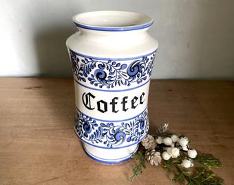 Vintage koffiebus | Blauw-witte keramische koffiepot | Keukenopbergbus in Delftse stijl | Koffiecontainer in landelijke stijl