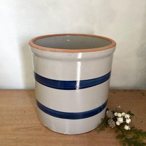 Blue Stripe Crock, Utensil Crock, Utensil Organization, Vintage Crock, Stoneware Crock, White Crock, Blue and White Crock, Utensil Holder