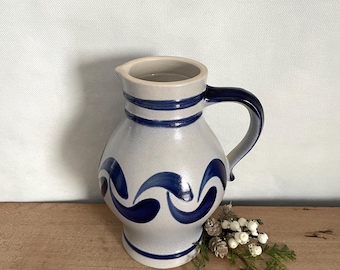 Vintage Blue and White Pitcher, Vintage Pottery Pitcher, Kitchen Decor, Glazed Pottery Pitcher, Water Pitcher