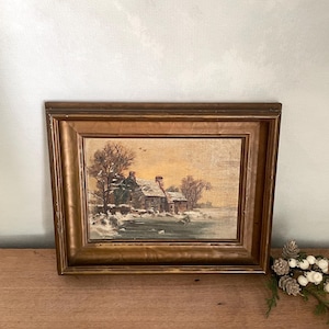Vintage Landscape Oil Painting, Winter Oil Painting, Vintage Cabin Painting, Vintage Painting, Framed Painting, Gold Frame Painting