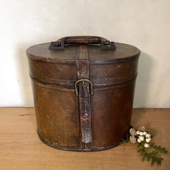 Vintage Leather Hat Box | Brown Travel Case | Rustic Cabin Decor