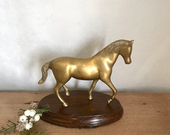 Brass Horse State, Brass Horse Figurine, Brass Horse Wood Base, Vintage Horse, Vintage Decor, Farmhouse Decor, Antique Decor, Rustic Decor