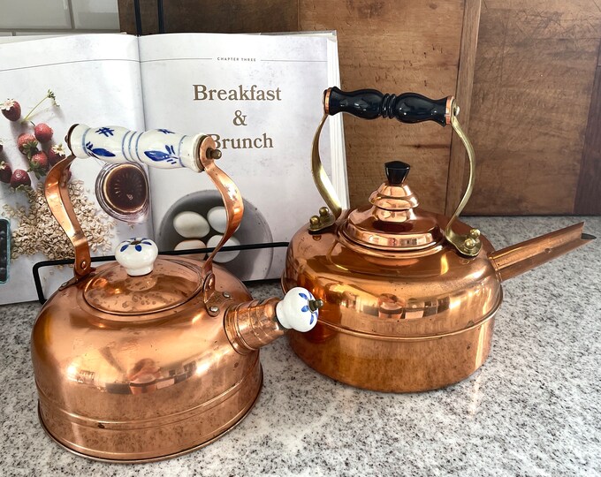 Copper Kettle, Blue and White Handle, Vintage Copper Kettle, Vintage Copper Tea Kettle, Copper