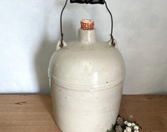 Jarra de barro de gres blanco, vasija blanca, jarra de gres, gres con asa, cerámica esmaltada, decoración de estantes, cocina rústica francesa, decoración antigua
