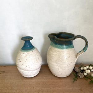 Teal Pottery Vase and Pitcher Matching Glazed  Pittery Bud Vase and Water Pitcher Creamer Blue and White