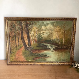 1928 Signed Original Landscape Painting, Stream and Forest Painting, Vintage Painting, Framed Painting, Gold Frame Painting