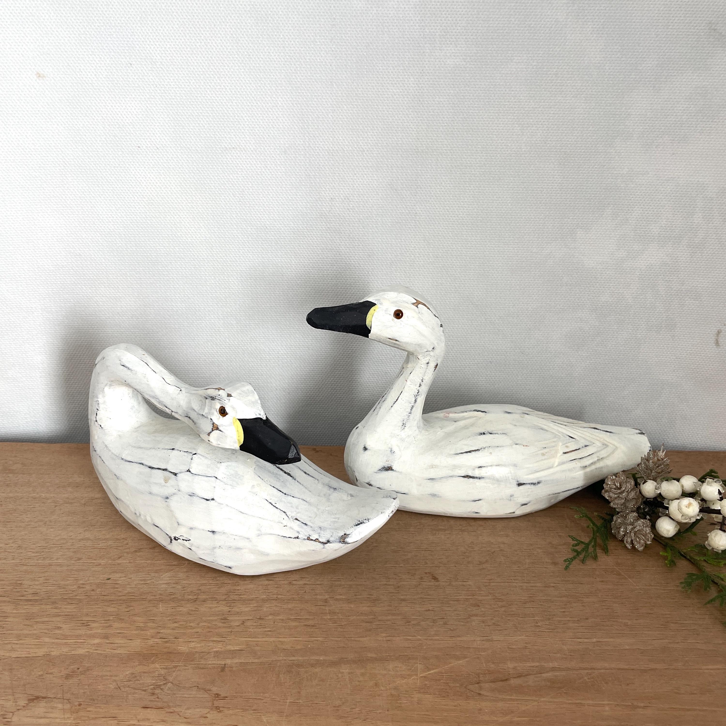 Hand Carved Wood Swan Decoys Vintage Wood Swan Pair of Swans
