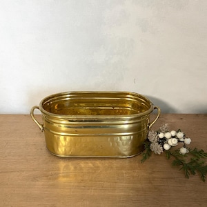 Op de afbeelding: Een ovale koperen plantenbak met een gehamerde textuur op de onderste helft en twee handvatten aan de zijkanten. Het gepolijste metalen oppervlak reflecteert het licht en de bak heeft een gladde, brede rand. De houder is aan de bovenkant open.