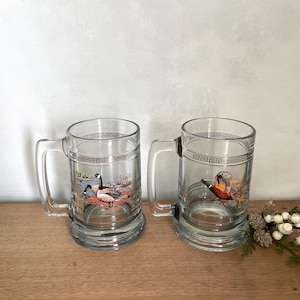 Set of 2 Waterfowl Glasses, Pheasant Glass, Clear Drinking Mug, Geese Glass, Vintage Glasses, Vintage Duck Glassware, Vintage Glass