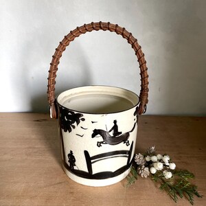 Vintage Asian Ceramic Cache Pot with Wicker Handle | Chinoiserie Planter | Horse Rider Scene | Decorative Basket Planter