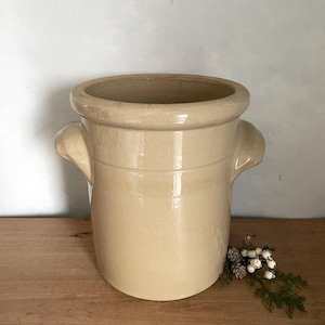 May include: A beige stoneware crock with two curved handles. The cylindrical container has a wide opening and a slightly flared rim. The surface has a smooth, aged appearance, suggesting a vintage or antique piece. A small sprig of greenery and white berries rests near the base.