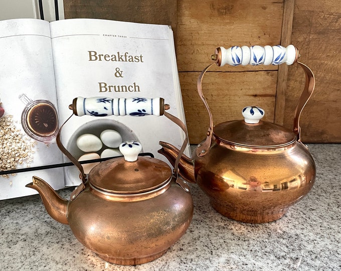 Copper Kettle, Blue and White Handle, Vintage Copper Kettle, Vintage