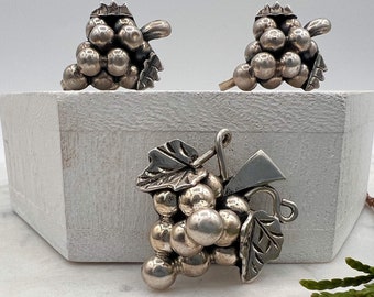 Sterling Silver Grape Cluster Pin/pendant and Post Earrings Set +