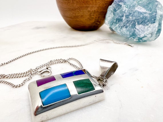 Vintage Sterling Silver Necklace with Multicolor … - image 5