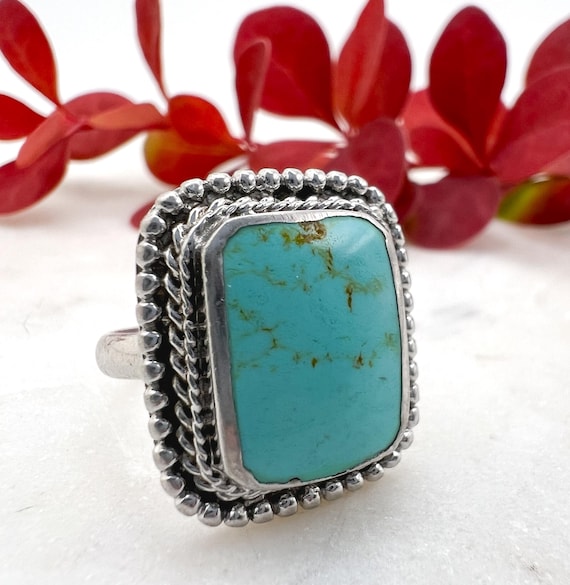 Vintage Rectangular Sterling + Turquoise Ring, Si… - image 1
