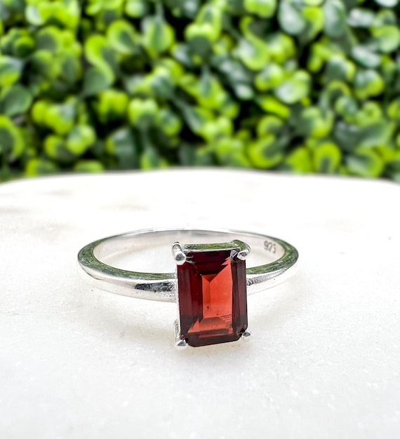 Simple, Modern Sterling + Rectangular Garnet Ring… - image 2