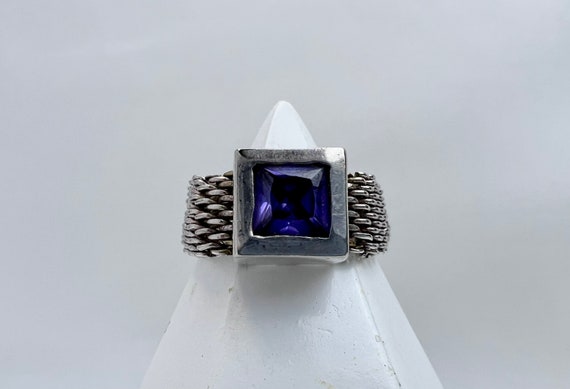 Square Purple Gem Statement Ring,  Sterling Silve… - image 1