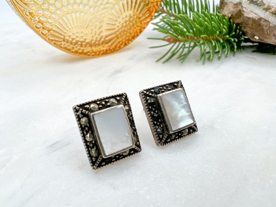 Vintage Rectangular Sterling + Gemstone Earrings - image 2