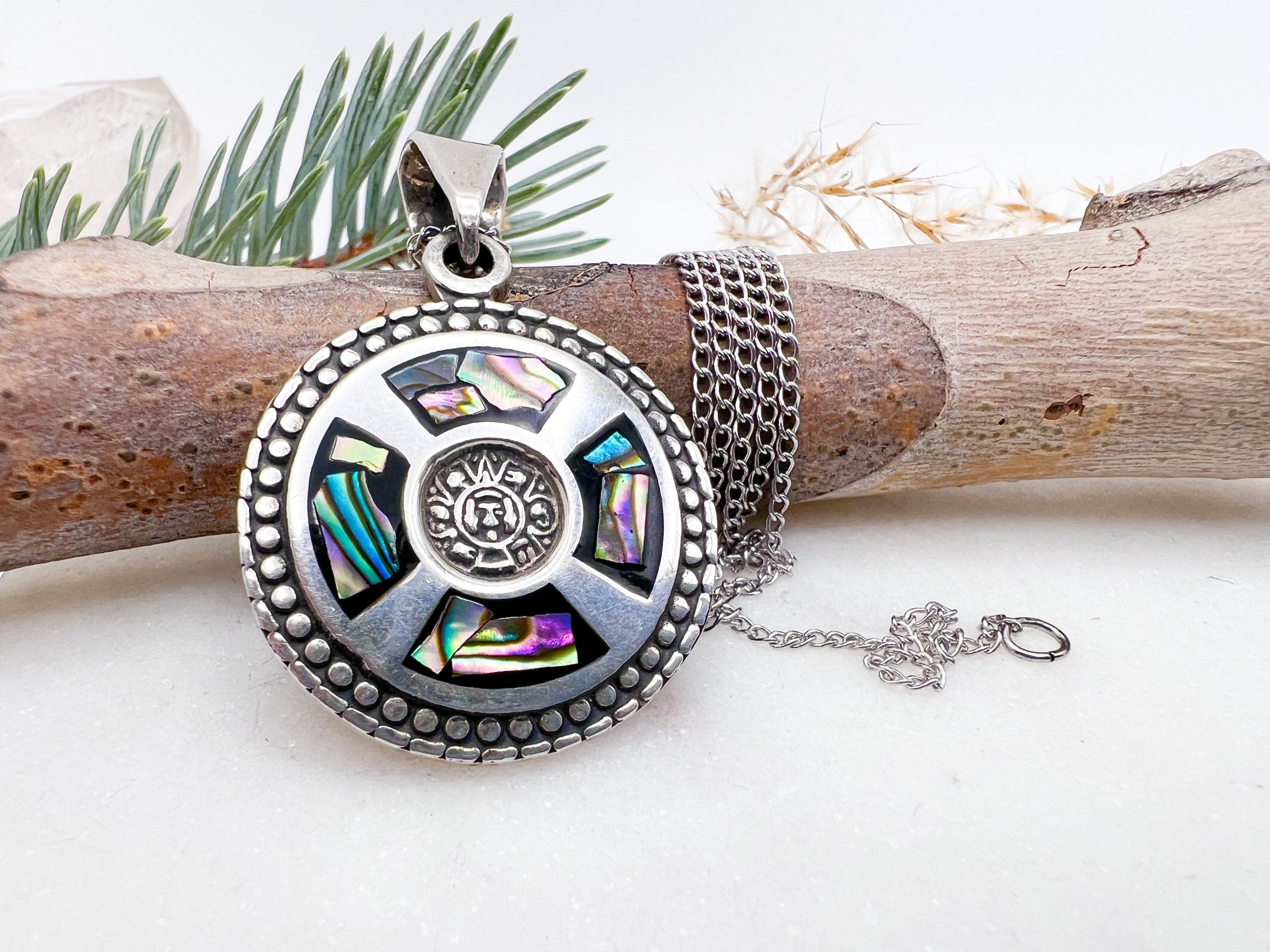 Vintage Aztec Sterling Silver + Abalone Medallion on 16 Inch Chain - Etsy