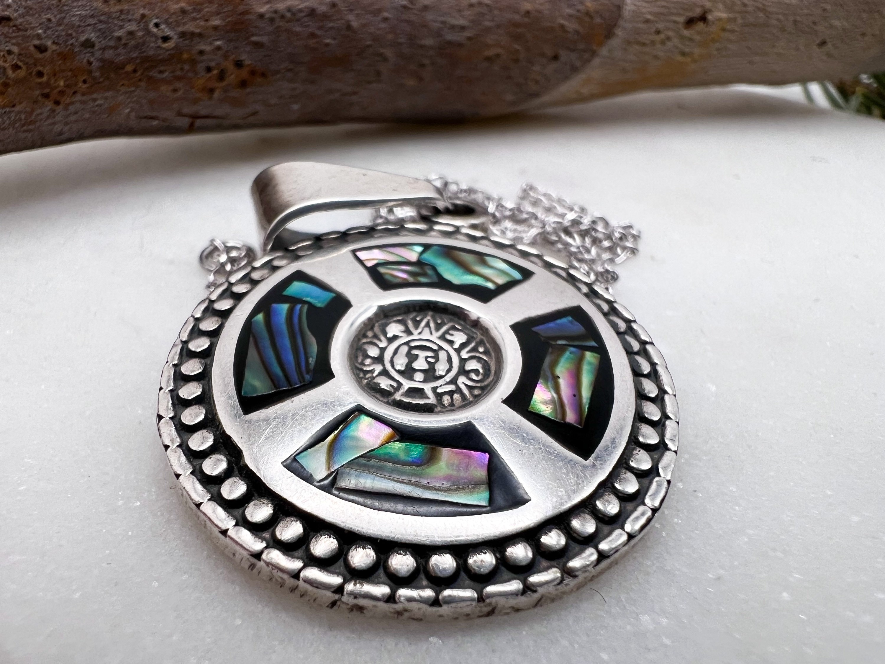 Vintage Aztec Sterling Silver + Abalone Medallion on 16 Inch Chain - Etsy